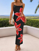 Vestido Longo Feminino com Fenda, modelado ao corpo, para Festa, Estampa Floral, Alças Finas, Sexy, Verão, Novos Modelos.