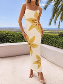 Vestido Longo Feminino com Fenda, modelado ao corpo, para Festa, Estampa Floral, Alças Finas, Sexy, Verão, Novos Modelos.