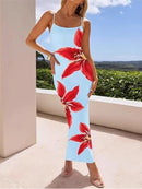 Vestido Longo Feminino com Fenda, modelado ao corpo, para Festa, Estampa Floral, Alças Finas, Sexy, Verão, Novos Modelos.