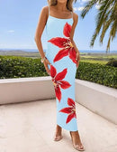 Vestido Longo Feminino com Fenda, modelado ao corpo, para Festa, Estampa Floral, Alças Finas, Sexy, Verão, Novos Modelos.