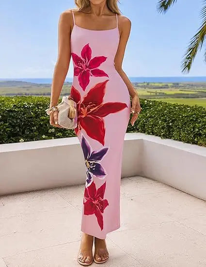 Vestido Longo Feminino com Fenda, modelado ao corpo, para Festa, Estampa Floral, Alças Finas, Sexy, Verão, Novos Modelos.