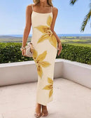 Vestido Longo Feminino com Fenda, modelado ao corpo, para Festa, Estampa Floral, Alças Finas, Sexy, Verão, Novos Modelos.