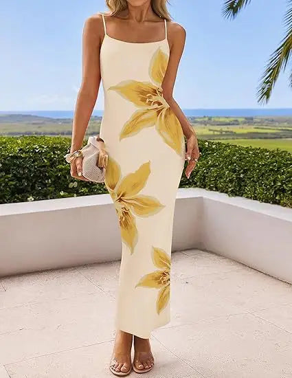 Vestido Longo Feminino com Fenda, modelado ao corpo, para Festa, Estampa Floral, Alças Finas, Sexy, Verão, Novos Modelos.